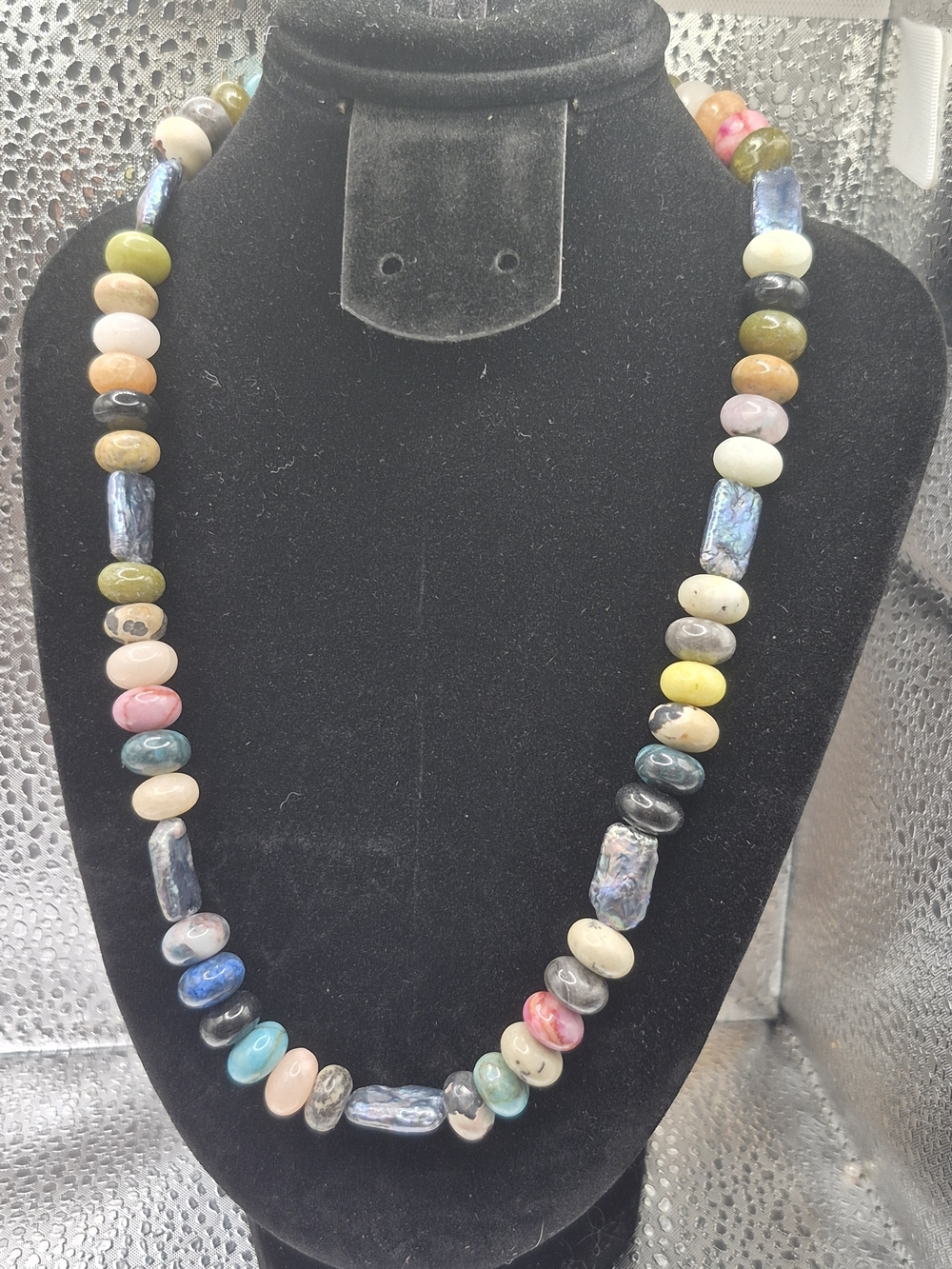 Multicolor Genuine Jasper Beaded Gemstone Necklace With Peacock Pearls
